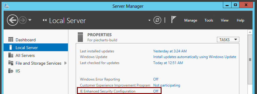 Turn off IE Enhanced Security Configuration in Server Manager