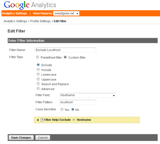 Exclude Hostname with a Filter Pattern of localhost