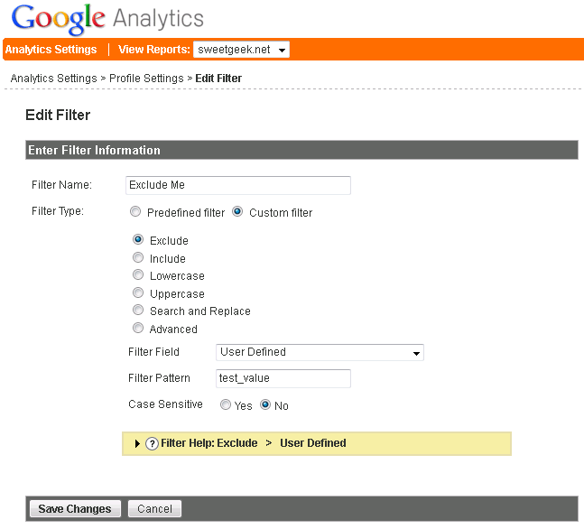 Exclude User Defined with a Filter Pattern of test_value